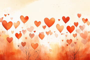 Heart Valentine Background in hand-drawn style, colorful red and pink hearts. Generative AI.