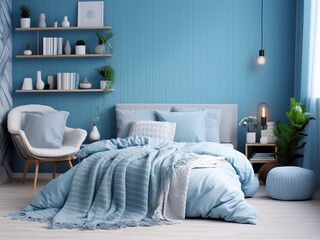 Stylish blue bedroom interior, carefully chosen furniture. AI Generated.
