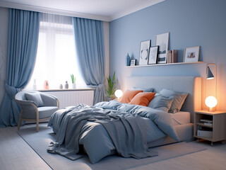Blue bedroom interior featuring cozy furniture items. AI Generated.