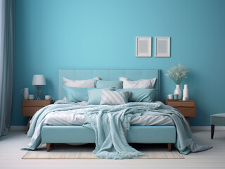 Elegant blue bedroom interior, balanced furniture arrangement. AI Generated.