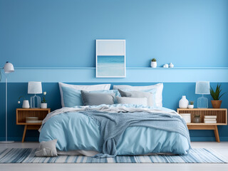 Well-designed blue bedroom interior, inviting and stylish. AI Generated.
