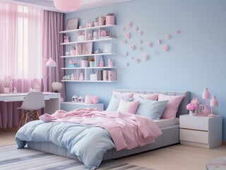 Blue bedroom interior featuring refreshing, calm tones. AI Generated.