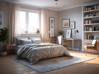 Fototapeta premium Invitingly lit classic bedroom interior with complementing furniture. AI Generated.