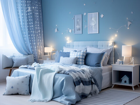 Chic blue bedroom interior with vibrant accents. AI Generated.