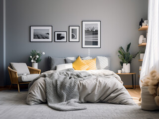 Chic grey bedroom interior with subtle accents. AI Generated.
