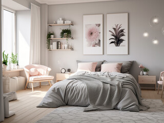 Inviting grey bedroom interior, well-furnished. AI Generated.