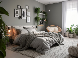 Stylish grey bedroom interior, curated furniture. AI Generated.
