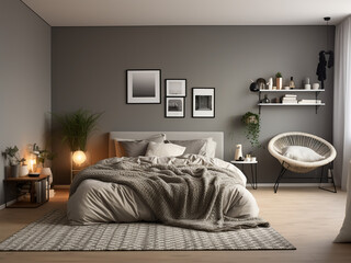 Harmonious grey bedroom interior with ample decor. AI Generated.