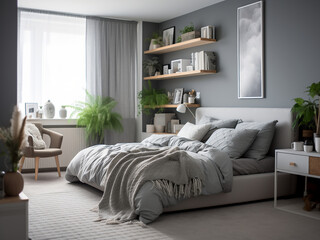 Well-designed grey bedroom interior, inviting and chic. AI Generated.