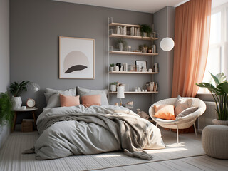 Softly lit grey bedroom interior with complementing furniture. AI Generated.