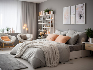 Contemporary grey bedroom interior, well-furnished. AI Generated.