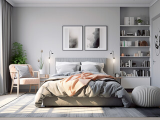 Tranquil grey bedroom interior, embracing neutrality. AI Generated.