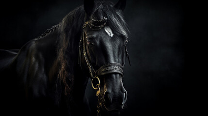 Obraz na płótnie Canvas A majestic beautiful black stallion, black background