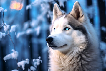 Portrait of fluffy Siberian husk in a snowy forest and winter background.