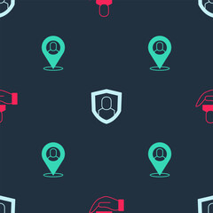 Set Worker, User protection and location on seamless pattern. Vector