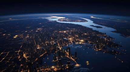 A nighttime view of a city skyline seen from space with a large body of water in the foreground.