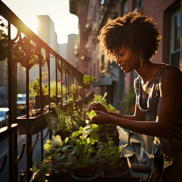 Young Woman Takes Care Of Plants On Her Balcony