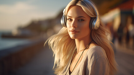 Beautiful woman with headphones during travel at summer time - 636391383
