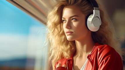 Beautiful woman with headphones during travel at summer time - obrazy, fototapety, plakaty