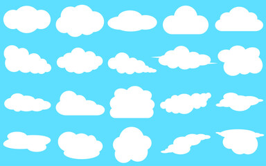 Clouds collection on blue background. Set of clouds in different shape isolated on blue background. Cloud vector illustration.