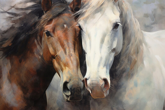 painted canvas of a couple of horses, white background