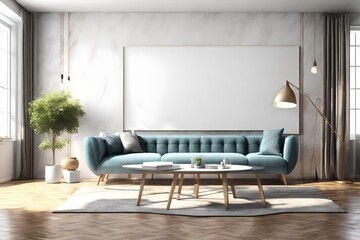 Modern interior with coffee table and sofa. Wall mock up. 3d illustration. 3D render
