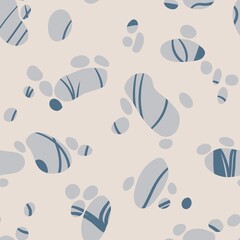 Hand drawn seamless pattern with blue grey stone pebbles on beige sand background. Sea ocean coastal chic marine nautical seascape design, rocky nature pastel neutral print.