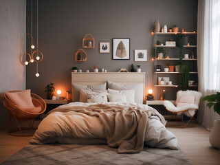 Stylish modern bedroom interior, adorned with furniture. AI Generated.
