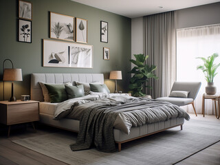 Minimalist modern bedroom interior with bright accents. AI Generated.