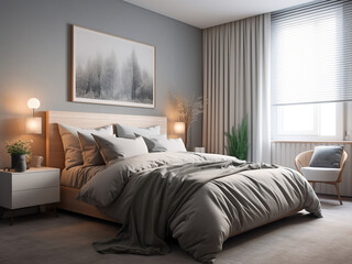 Trendy modern bedroom interior, curated furniture. AI Generated.