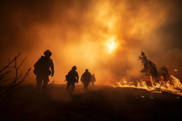 Amidst billowing flames and thick smoke, a powerful image encapsulates the valiant efforts of firefighters battling an inferno. 