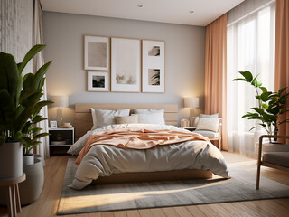 Modern bedroom interior adorned with chic details and fixtures. AI Generated.