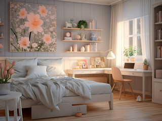 Cozy Provence bedroom interior, adorned with furniture. AI Generated.