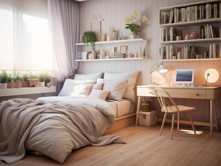 Provence bedroom interior featuring vintage furniture. AI Generated.