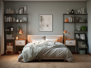 Stylish bedroom interior, carefully chosen furniture. AI Generated.