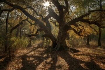 Majestic tree in pine forest. Filtered light. Rustic scene., generative IA
