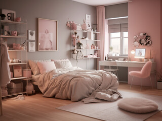 Bedroom interior featuring calming, neutral tones. AI Generated.