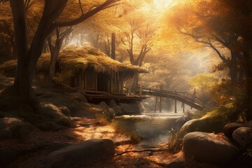 Enchanted woodland with golden trees and rustic cabin., generative IA