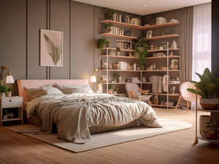 Wood bedroom interior with a cozy design. AI Generated.
