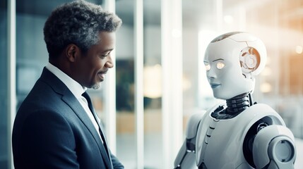 Cheerful african american businessman looking at robot in office