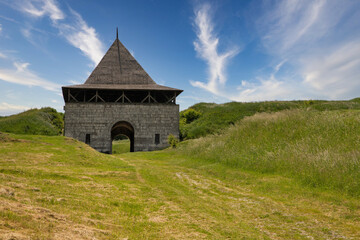 Fototapeta na wymiar Walls of Khotyn Fortress, medieval fortification complex in Ukraine.
