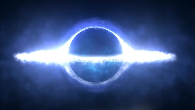 Bright black hole in open space with spinning energy particles, cosmic sphere in blue and purple color glowing abstract background
