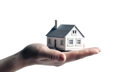 Hand holding model house for buy real estate concept. Generative Ai
