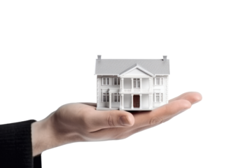 Hand holding model house for buy real estate concept. Generative Ai