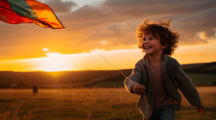 A photo of a child joyfully flying a kite in an open field, with rolling hills and the setting sun as a backdrop - obrazy, fototapety, plakaty