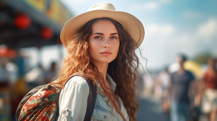 Beautiful woman wearing hat during travel at summer time - obrazy, fototapety, plakaty