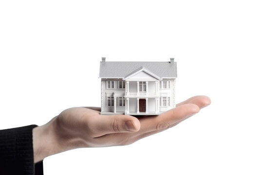 Hand holding model house for buy real estate concept. Generative Ai