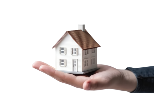 Hand holding model house for buy real estate concept. Generative Ai