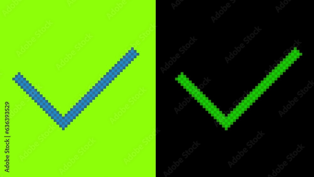 Poster green screen and black screen of right sign. pixel art of simple in animation right or approve sign.