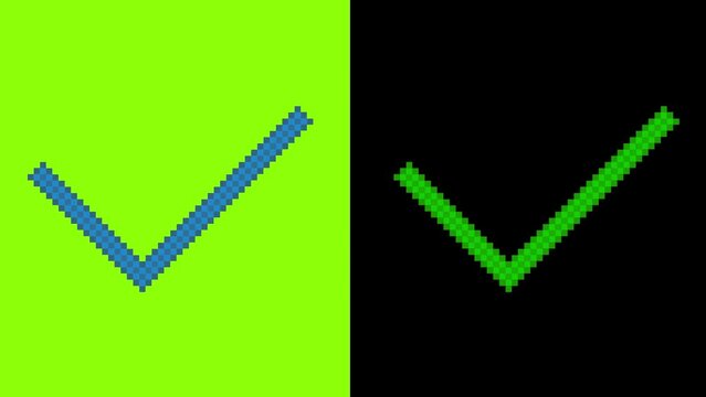 Green screen and black screen of right sign. Pixel art of simple in animation right or approve sign. For design asset or game asset for designer or game developer.